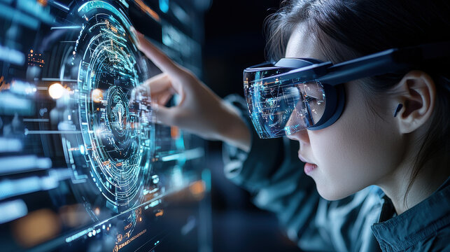 athlete wearing augmented reality glasses interacts with digital interface, showcasing advanced technology and immersive training experiences. scene highlights innovation and focus - Powered by Adobe