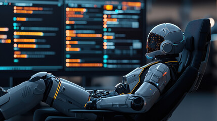 futuristic robot sits high tech chair, analyzing data multiple screens. scene showcases advanced technology and artificial intelligence action, creating sense of innovation and efficiency