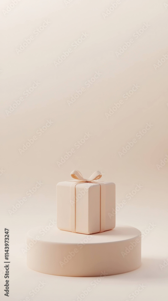 Poster minimalist gift box with ribbon sits on round platform, set against soft beige background with gentl