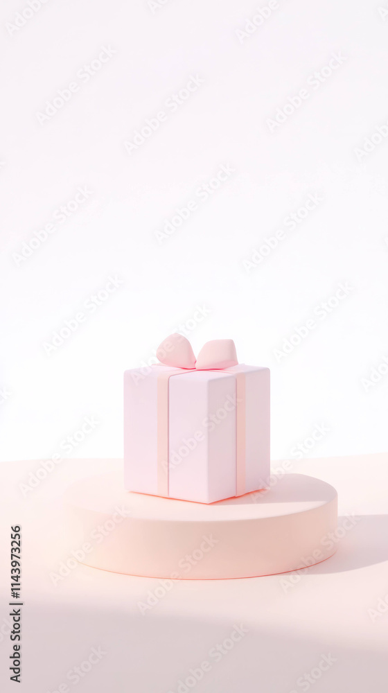 Poster pastel pink gift box with bow placed on round platform, set against soft white background with minim