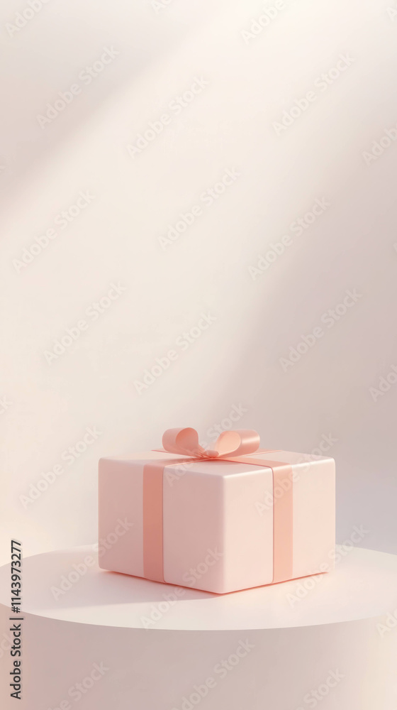 Poster pastel pink gift box with ribbon sits on round platform, illuminated by soft light, creating minimal