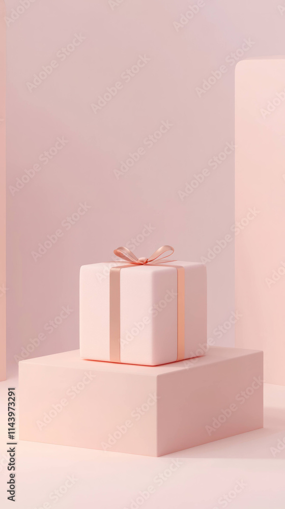 Aufkleber pastel pink gift box with ribbon sits on matching platform, surrounded by soft minimalist background