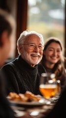 An elderly man sitting comfortably with his family, smiling and enjoying a meal together in the warmth of the home.
