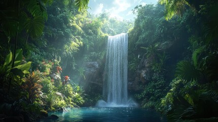 A breathtaking shot of a waterfall pouring into a pool surrounded by lush rainforest vegetation 