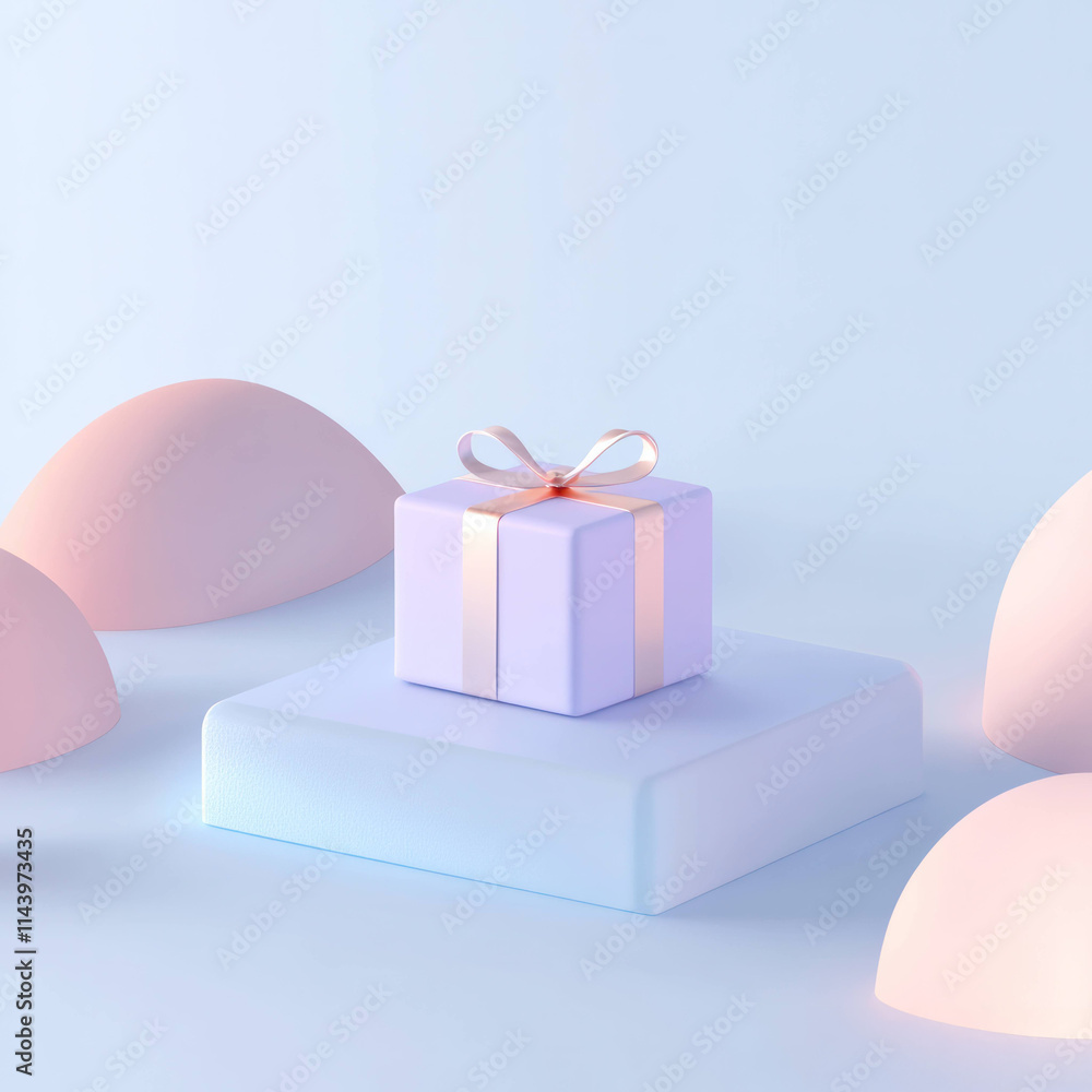 Leinwandbilder pastel gift box with ribbon sits on platform surrounded by soft abstract shapes, creating minimalist and serene design