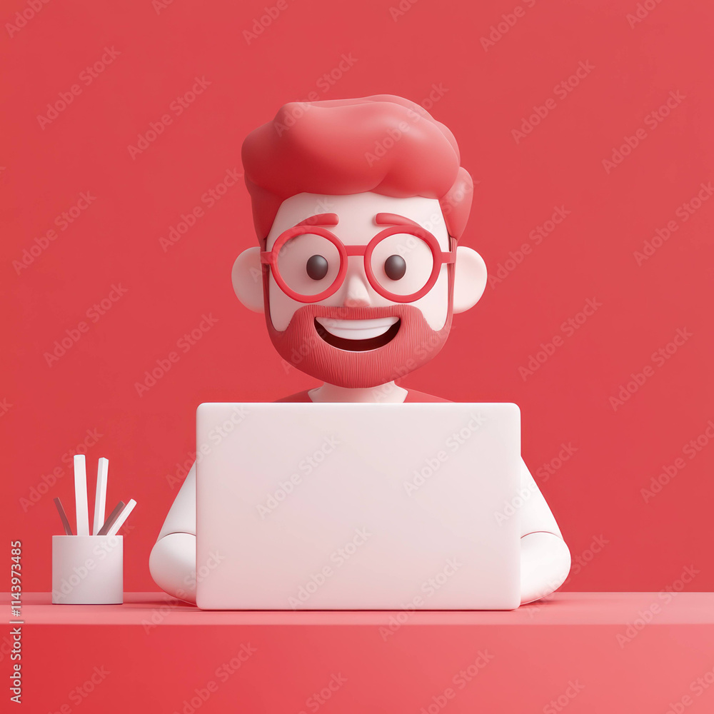 Poster cheerful man with glasses and beard working on laptop in minimalist red workspace