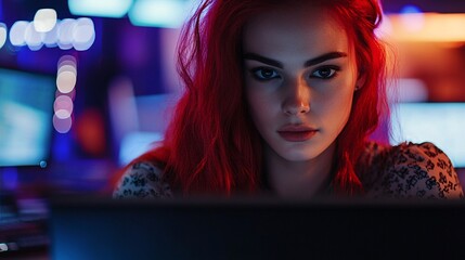 Focused young woman with vibrant red hair working intently at her laptop in a colorful, dimly lit environment.