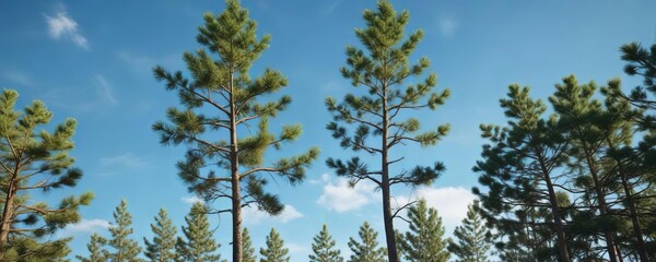 Fototapeta premium Tall pine tree with a few leaves in the plantation under clear blue sky, nature scenery, forest landscape