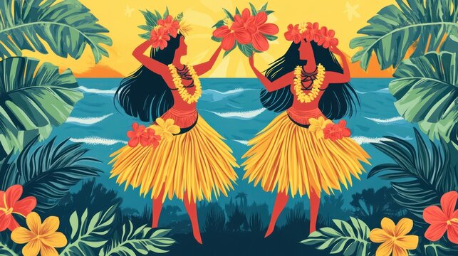 Two hula dancers perform at sunset by the ocean, adorned with flowers and leis, amidst lush tropical foliage.