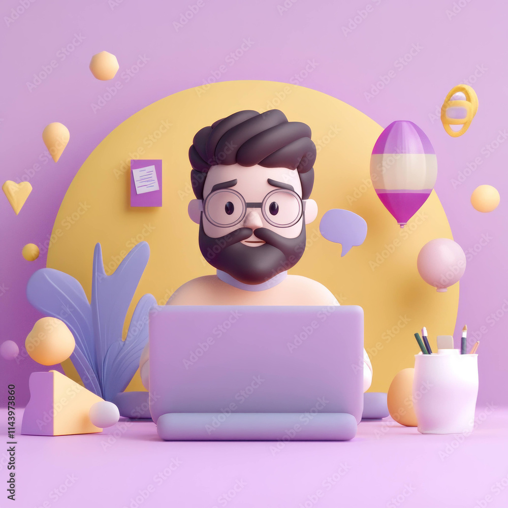 Poster bearded man working on laptop surrounded by colorful abstract shapes and office items