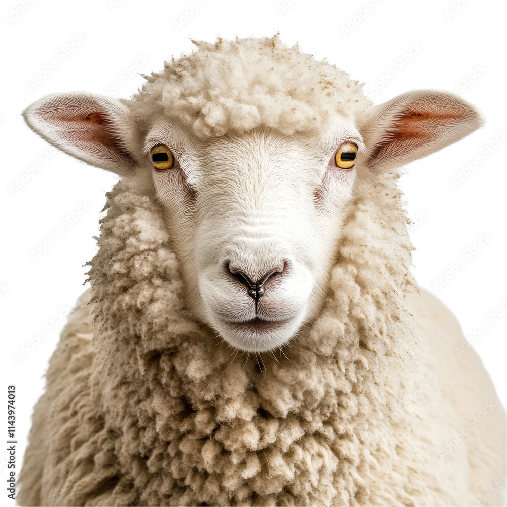 Poster a close-up view of a sheep's face highlighting its features against a plain transparent background, 