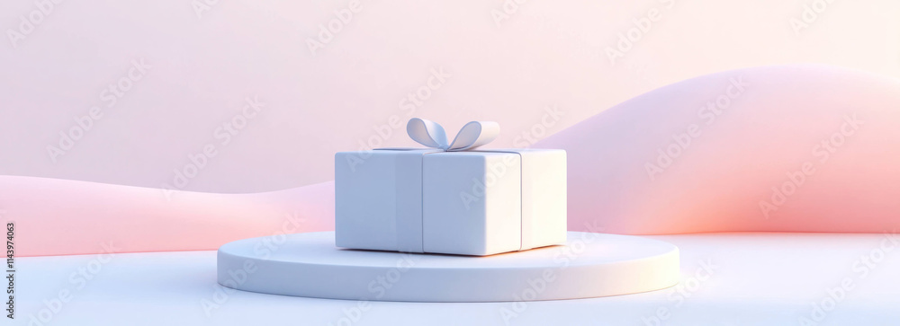 Poster white gift box with ribbon placed on round platform, featuring soft pastel gradients and minimalist design