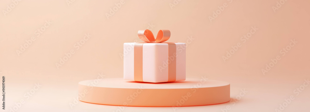Poster minimalist gift box with ribbon placed on round platform, set against soft peach background