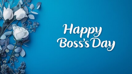 Beautiful floral arrangement with white roses against a vibrant blue background, celebrating Boss's Day.