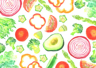 水彩で描いたサラダ野菜の背景イラスト