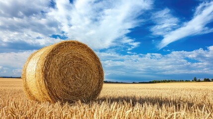 Golden Straw Bale in Vast Field Under Blue Sky and Clouds