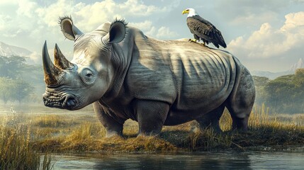 Fototapeta premium Majestic white rhino with bald eagle perched on its back in a serene landscape.