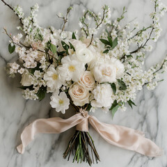 Elegant wedding bouquet with white roses and silk ribbon