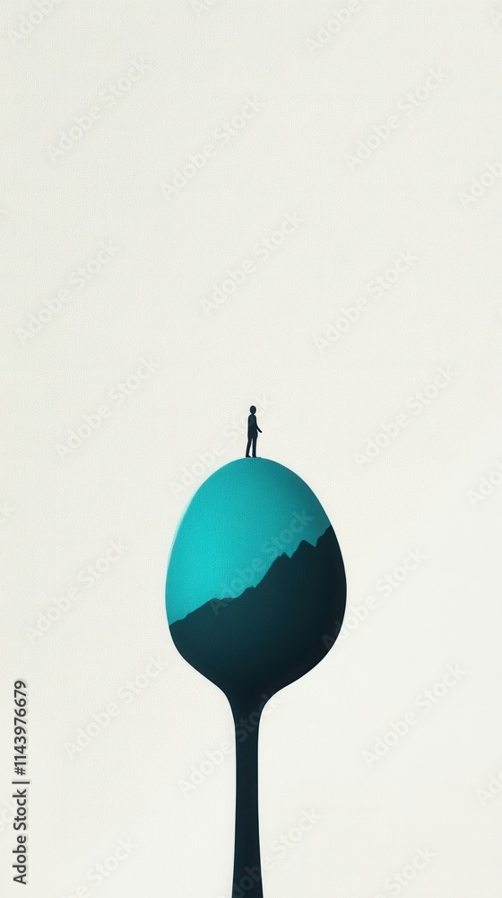 Poster surreal concept of a figure standing on a spoon representing adventure and exploration in a minimali