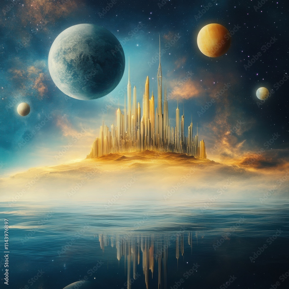 Poster surreal fantasy landscape with ethereal city on floating island surrounded by colorful planets and c