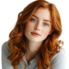 Naklejka premium Portrait of a stunning redhead woman with natural curls posing against a neutral background in a serene setting, portrait of a beautiful redhead woman isolated on transparent background