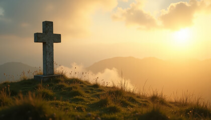 Stone cross on a hilltop illuminated by golden morning rays with a breathtaking mountain backdrop