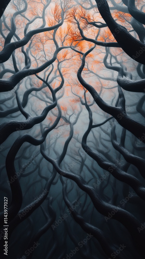 Aufkleber captivating view of twisted tree branches reaching towards a distant light in a misty forest environ
