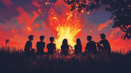 Fototapeta premium Silhouettes of friends gathered around a vibrant campfire, surrounded by tall grass under a colorful sunset.
