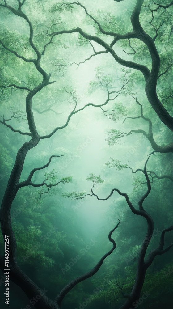 Poster ethereal forest landscape with twisting branches and misty atmosphere capturing the serenity and bea