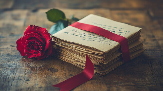 A stack of handwritten love letters tied with a red ribbon, resting on a wooden table with a single red rose beside them, Valentine's Day