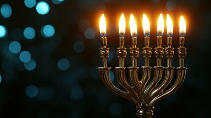 Fototapeta premium Beautiful Menorah with Flames Against Soft Blue Bokeh Background