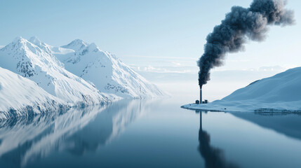 coal powered plant emits smoke near snowy mountain landscape, reflecting in calm water. scene captures contrast between industry and nature beauty