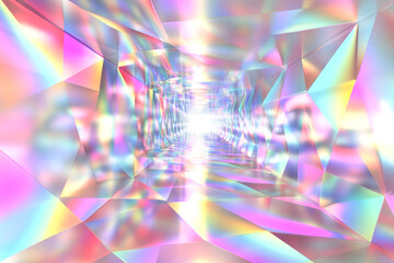 Colorful abstract geometric tunnel with prismatic reflections and radiant light