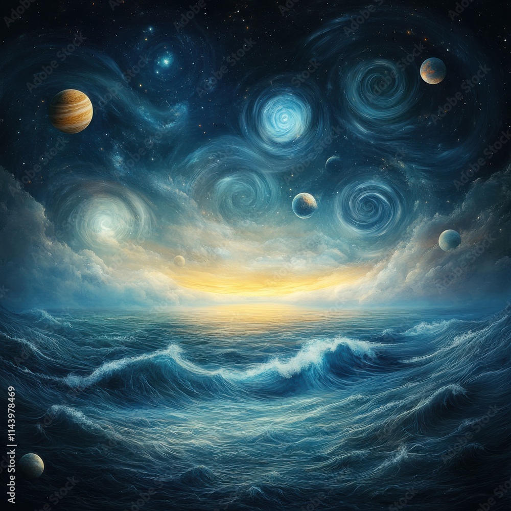 Poster ethereal cosmic scene with ocean waves and planets at dusk capturing the beauty of celestial element