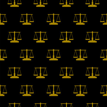 Scale of justice icon seamless pattern isolated on black background
