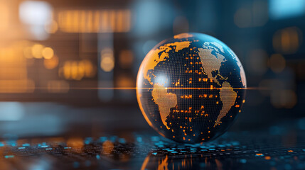 digital globe representing global economic indicators, data visualization, and technology trends. illuminated globe showcases interconnected data points and patterns