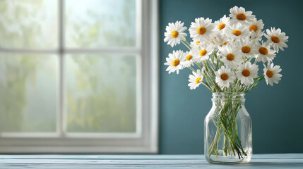 Bright daisies in glass jar create cheerful atmosphere, enhancing serene ambiance of room with soft blue background and natural light streaming through window © K.V