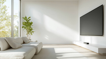 Fototapeta premium bright and minimalistic living room with large TV, white sofa, and indoor plant