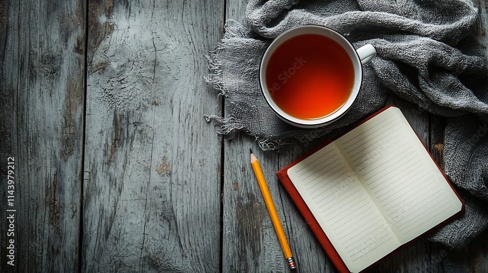Poster a close up view of an open notebook and a pencil placed beside a warm cup of tea on a minimalist woo