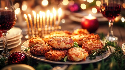 Festive Holiday Table Setting with Latkes and Sparkling Lights
