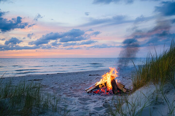 Tranquil sunset over beach with bonfire and ocean waves in summer evening