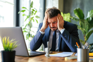 Stressed young caucasian male professional in office environment with laptop