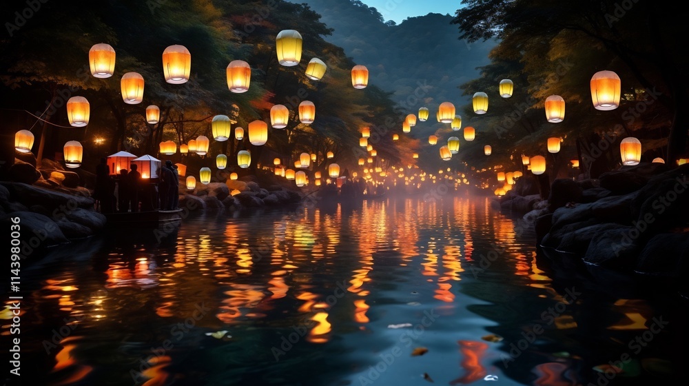 Poster mesmerizing japanese lantern festival with glowing lights floating on a calm and serene river reflec