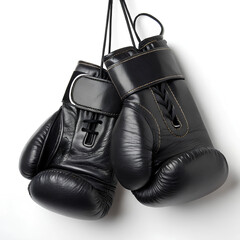 Black leather boxing gloves hanging, cut out. on isolated white background, Clipping path