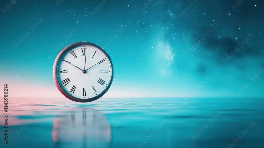 Poster surreal floating clock over a calming ocean at dusk under a starry sky with a dreamlike atmosphere a