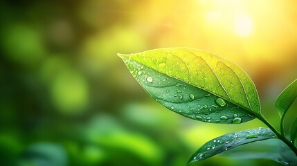 Fototapeta premium Stunning close up of a single green leaf with tiny water droplets evaporating under soft natural sunlight showcasing the simplicity and beauty of the process in nature