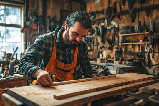 Caucasian male woodworker measuring plank in rustic workshop