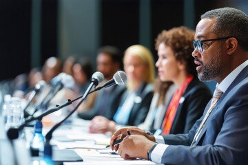 Panel discussion with diverse business professionals at conference