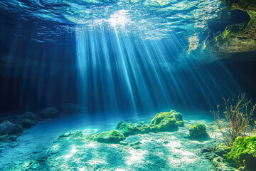 Obraz premium Sunlight streaming into pristine underwater cave with vibrant green algae