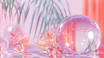 Glass spheres with tropical flowers on pastel surface